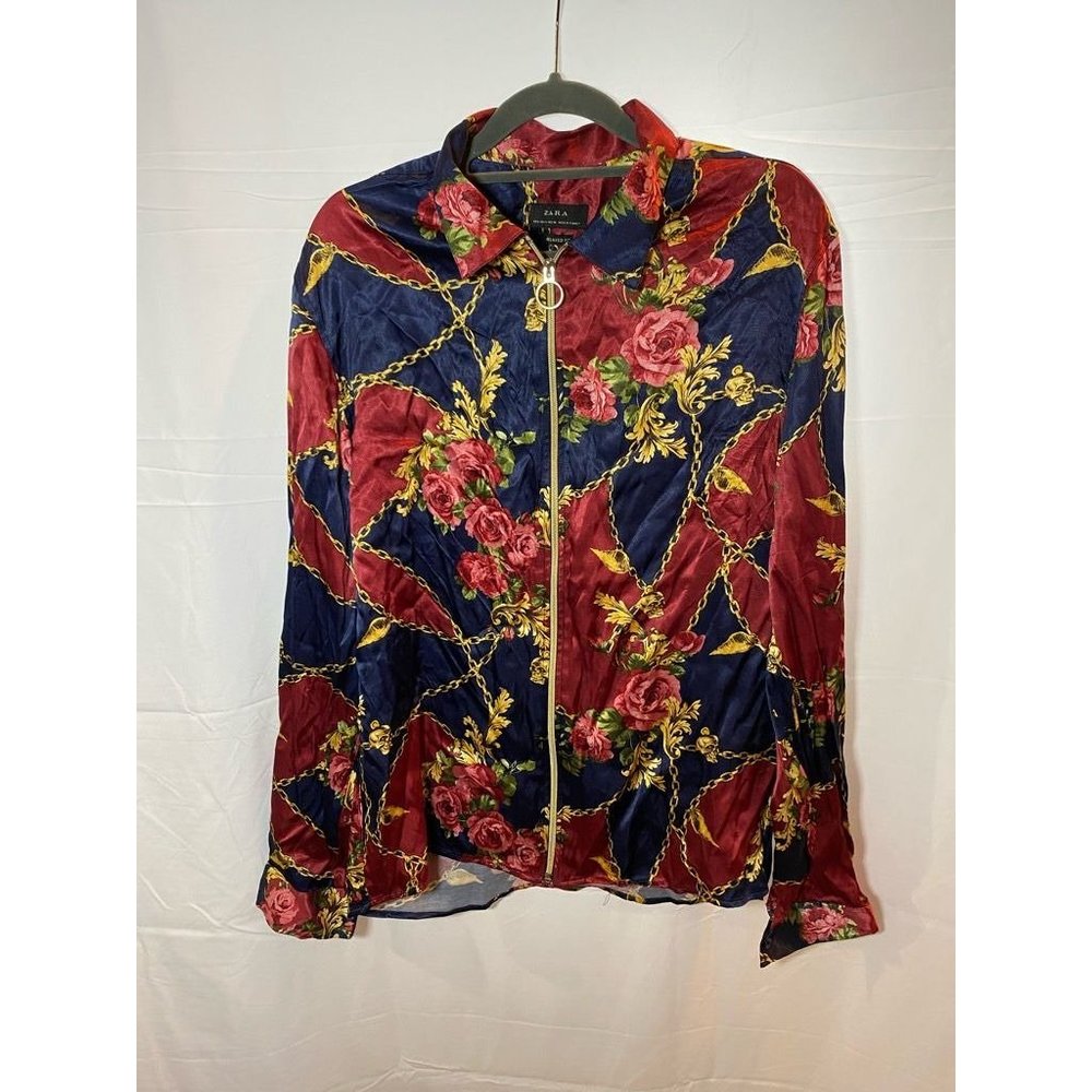 Zara Shirt Womens S Blue Red Floral Chain Full Zipper Long Sleeve Ladies.